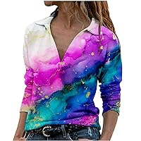 Lapel Tops for Women Casual Dressy V Neck Long Sleeve T Shirts Fashion Marble Print Graphic Tee Shirt Fall Winter Pullover