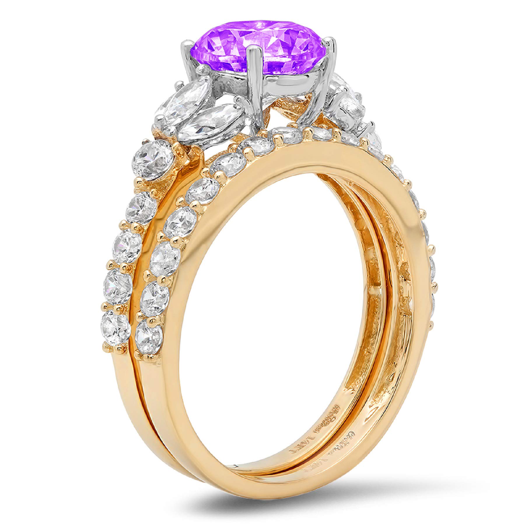 Clara Pucci 2.66ct Round Marquise Cut Solitaire 3 stone With Accent VVS1 Ideal Natural Purple Amethyst Engagement Promise Designer Anniversary Wedding Bridal Ring band set 14k 2 tone Gold