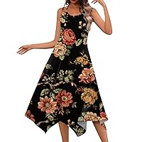 T Shirt Dresses for Women 2024 Casual Round Neck Sleeveless Floral Print Irregular Hem Midi Dress