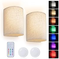 Wall Sconce Lighting Decor, Battery Rechargeable Wall Sconce Set of 2 with Fabric Shade Remote Control, 16 RGB Colors Changeable Dimmable Wall Lamp Fixtures for Bedroom Living Room Hallway