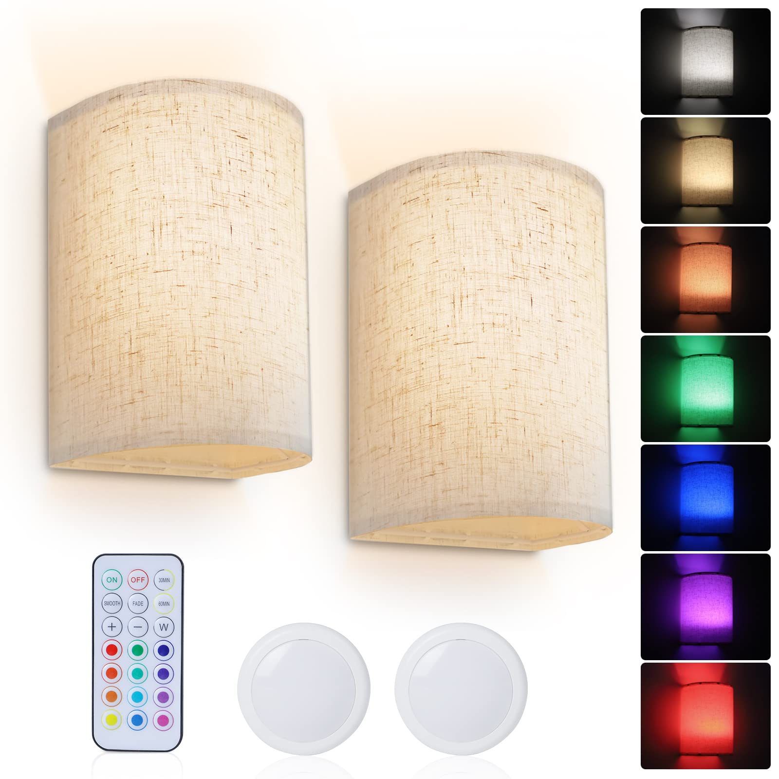 PESUTEN Wall Sconce Lighting Decor, Battery Rechargeable Wall Sconce Set of 2 with Fabric Shade Remote Control, 16 RGB Colors Changeable Dimmable Wall Lamp Fixtures for Bedroom Living Room Hallway