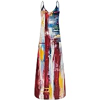 Women's Independence Day Dress Casual Summer Beach Swing Round Neck Striped Dress Short Sleeve Long Maxi Flag Print Flowy