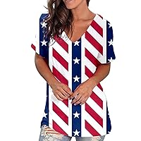 July 4th Womens Stars Stripes Split Side Tunic Tops Summer Plus Size Short Sleeve V Neck Casual Loose Fit T-Shirts
