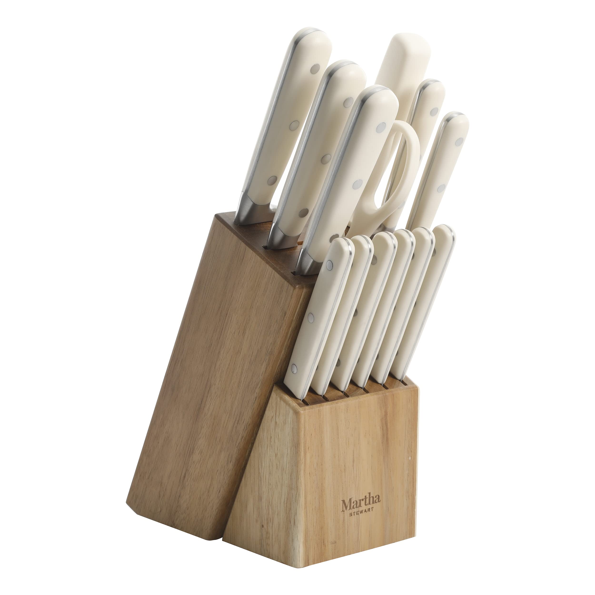 Martha Stewart 14 Piece High Carbon Stainless Steel Cutlery Knife Block Set w/ABS Triple Riveted Forged Handle Ashwood Block - Linen