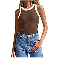 Women's Summer Tank Top Ribbed Knit Crewneck Sleeveless Color Block Slim Fitted Tops Basic Undershirt Casual Tee Shirts