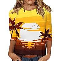 Coconut Palm Scenery Print 3/4 Length Sleeve Womens Top Tee Blouse Summer Vacation Casual Hawaiian Shirts for Women