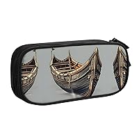 Old Viking Boats Print Large Pencil Case Pouch With Zipper,Adults Office Stationery Travel Makeup Bag