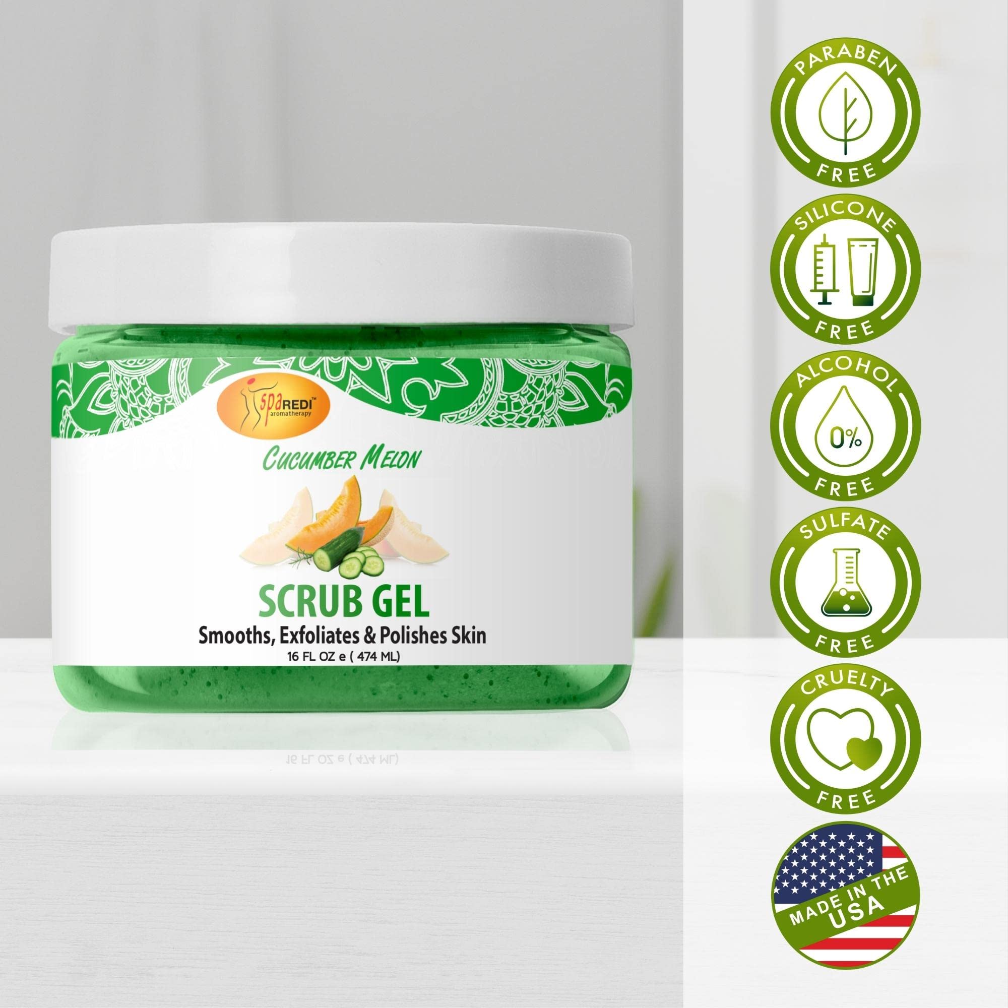 SPA REDI – Exfoliating Scrub Pumice Gel, Cucumber Melon, 16 oz - Manicure, Pedicure and Body Exfoliator Infused with Hyaluronic Acid, Amino Acids, Panthenol and Comfrey Extract
