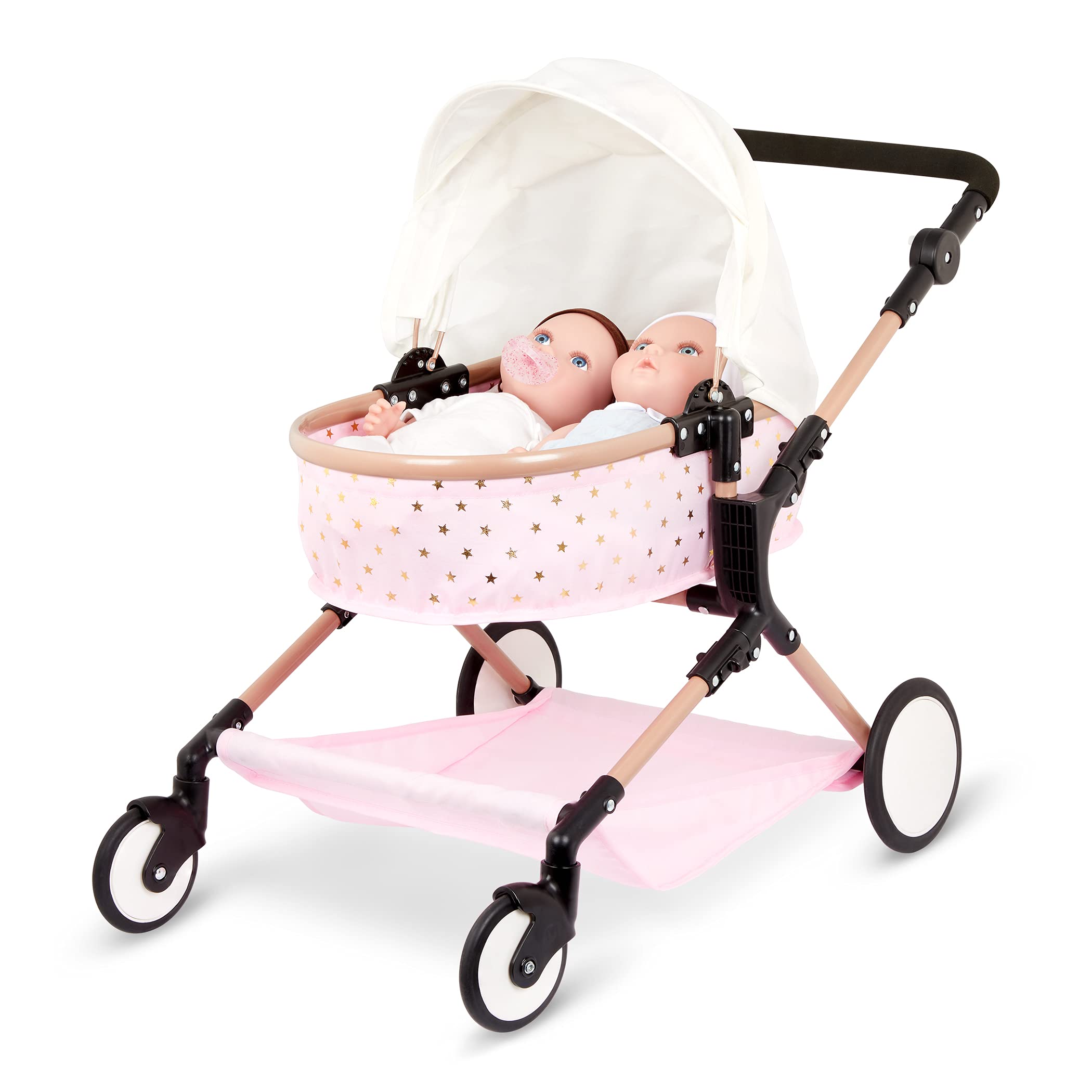 babi by Battat - Baby Doll Double Stroller Mini Gold Stars Foldable Canopy, Swivel Wheels, Basket Pink Carriage Fits Twin 14-inch Dolls Children’s Toys Kids Ages 2+ (BAB7630C1Z)