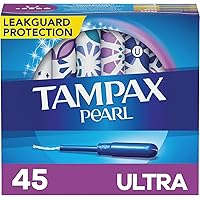 Tampax Pearl Tampons, with LeakGuard Braid, Ultra Absorbency, Unscented, 45 Count (Pack of 1) - Packaging May Vary