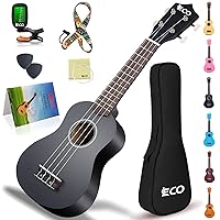 iECO Soprano Ukulele Beginner Kit for Kids Adults 21 Inch Ukelele w/Case Strap Tuner Strings Picks (Black)