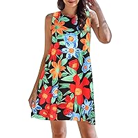 Women's Summer Dresses 2024 Beach Sleeveless Casual Tank Dresses Floral Print A Line Sundress Crew Neck Loose Dress