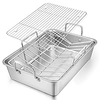 Roasting Pan, E-far 16 x 11.5 Inch Stainless steel Turkey Roaster with Rack - Deep Broiling Pan & V-shaped Rack & Flat Rack, Non-toxic & Heavy Duty, Easy Clean & Dishwasher Safe - Large