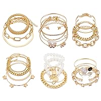 IFKM 6 PACK (24 PCS) Boho Gold Chain Bracelets Set for Women Girls, 14K Gold Plated Multiple Layered Stackable Open Cuff Wrap Bangle Adjustable Link Italian Cuban Jewelry for Women Girls Gift…