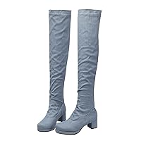 Women's Denim Long Boots Thigh High Chunky Heel Over The Knee Jeans Boots Stylish Mid Heels Back Zip Shoes Light Blue, Size 11.5
