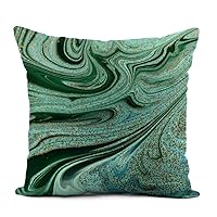 Linen Throw Pillow Cover Marbled Green and Blue Abstract Golden Sequins Liquid Marble Home Decor Pillowcase 20x20 Inch Cushion Cover for Sofa Couch Bed and Car