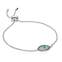 Amazon Collection Sterling Silver Genuine Stabilized Turquoise with Created Blue and White Sapphire Evil Eye Bolo Adjustable Bracelet
