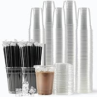 [200 Sets - 12oz] Plastic Cups with Lids and Straws, Disposable Cups for Iced Coffee, Smoothie, Milkshake, Cold Drinks - Clear