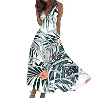 Boho Waist Retraction Womens V Neck Weekend Sleeveless 2024 Maxi Dress Ladies Waist Retraction Printed Summer Long Dress