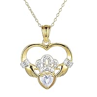 Claddagh Heart Pendant Necklace Brilliant Heart and Round Cut White Simulated Gemstone 14K Yellow Gold Plated Silver for Her Gifts