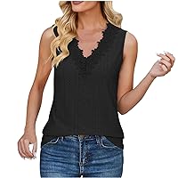 Floral Trim V Neck Tank Tops Women Fashion Eyelet Embroidery Sleeveless Shirts Summer Casual Loose Beach Blouses