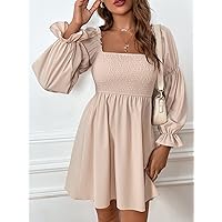Summer Dresses for Women 2022 Gathered Sleeve Square Neck Shirred Bodice Dress Dresses for Women (Color : Apricot, Size : XX-Large)