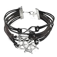 Wrapables Leather Rope Infinity Bracelet – Black Anchor, Infinity, Wheel