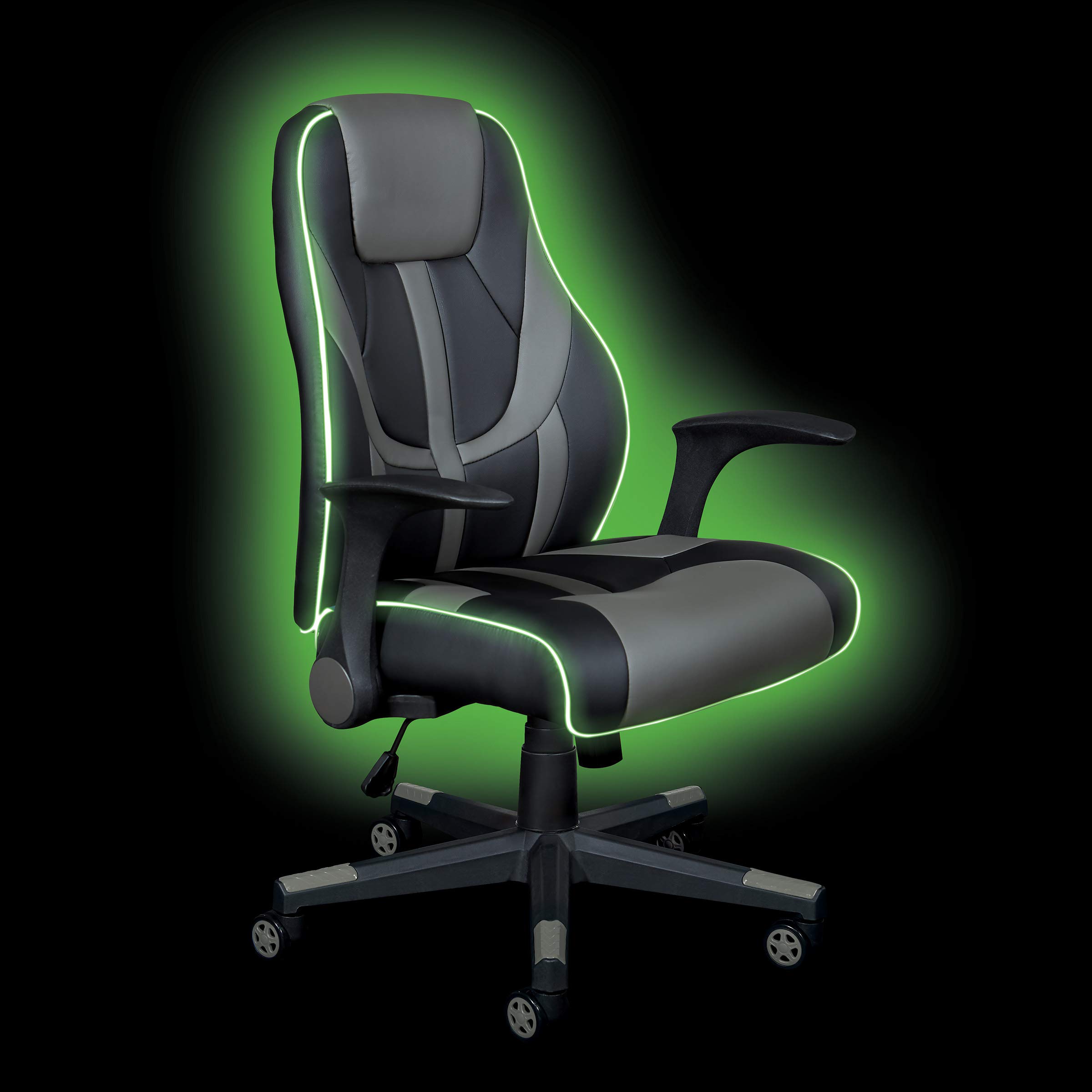 OSP Home Furnishings Output Mid-Back LED Lit Gaming Chair, Black Faux Leather With Grey Trim and Accents