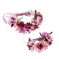 Fairy Flower Crown Even Headband Elf Floral Headpiece for Women Girls Woodland Forest Circlet with Wristband Bridal Wedding Prom Halloween Cosplay Photo Purple