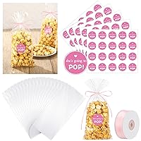 Menkxi 100 Pack Clear Cellophane Bags with She is Going to Pop Labels and Ribbon, Cellophane Treat Bag Clear Popcorn Bags for Gift Wrapping, Food Storage, Baby Shower Decorations (Pink)
