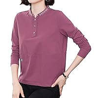 Womens Fall Embroidered Long Sleeve Tee Casual Henley V Neck T-Shirt Button Blouse Tops