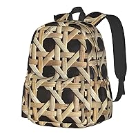 Wicker Woven Grid Printed Casual Daypack with side mesh pockets Laptop Backpack Travel Rucksack for Men Women