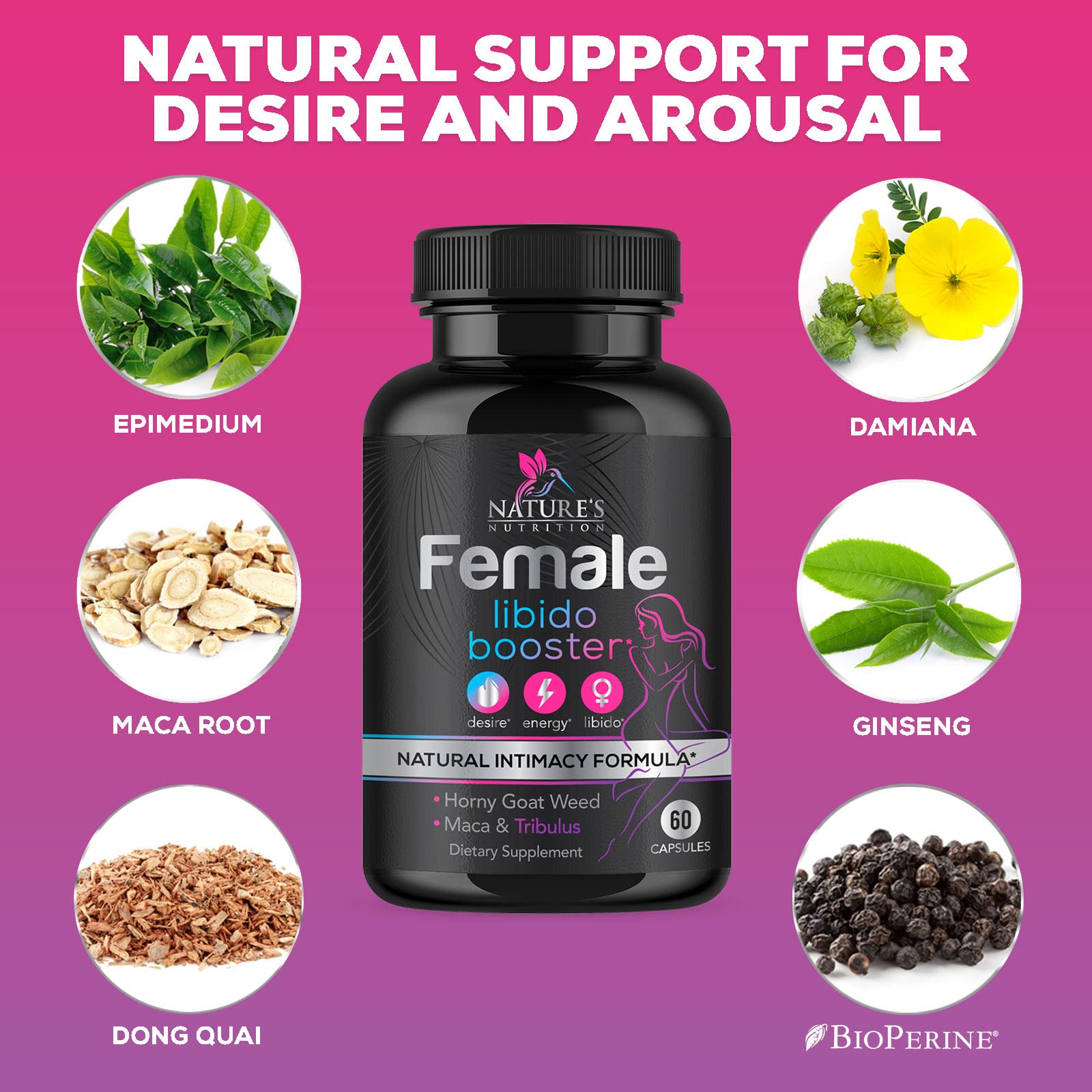 Libido Booster for Women - Female Libido Support Supplement - Women Vitamins Formula Supports Energy - Maca Root, Panax Ginseng, Tribulus Terrestris, Ashwagandha & More - 60 Veggie Capsules