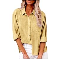 Plus Size Cotton Linen Shirts Women Dressy Button Down Long Sleeve Blouses Casual Loose Fit Office Tops with Pocket