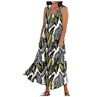 All Linen Dresses Linen Dress for Women 2024 Bohemian Print Sparkly Fashion Loose Fit with Sleeveless U Neck Summer Dresses Black X-Large