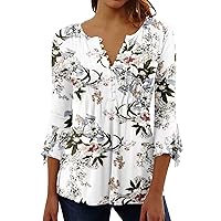 Shirts for Women Summer Women's 3/4 Sleeve O Neck Button Down Fashion Printed Shirts Comfy Loose Fit Tunic Blouse