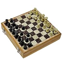 Handicrafts 8 Inch Wooden Chess Board Set with Stone Inlaid Work + Stone Chess Pieces Chess Box for Unisex