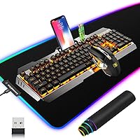 Gaming Keyboard and Mouse ,3 in 1 Orange LED Backlit Rechargeable Wireless Keyboard Mouse with 3800mAh Battery Metal Panel,10 Color RGB Gaming Mouse Pad (32.5x12x0.15inch),7 Color Mute Gaming Mouse