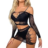 Womens Hollow Out Fishnet Lingerie Set Shiny Rhinestone Long Sleeve Crop Top with Skirt