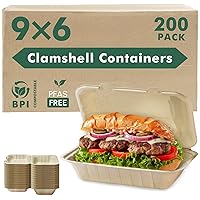 yoyomax [9x6-200Pack] 100% Compostable To Go Food Containers with Lids, Take Out Clamshell Container, Bio Disposable | Eco Friendly | Heavy-Duty Boxes, Made of Sugarcane Fibers