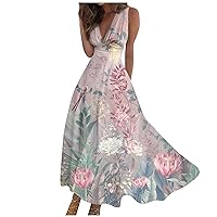 Long Summer Dresses for Women 2024 Casual Sleeveless V Neck Boho Waist Floral Print Maxi Dress