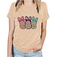 Womens Easter Day T Shirts Cute Bunny T-Shirt Fashion Leopard Print Tee Easter Gift Casual Top T Shirts Blouses