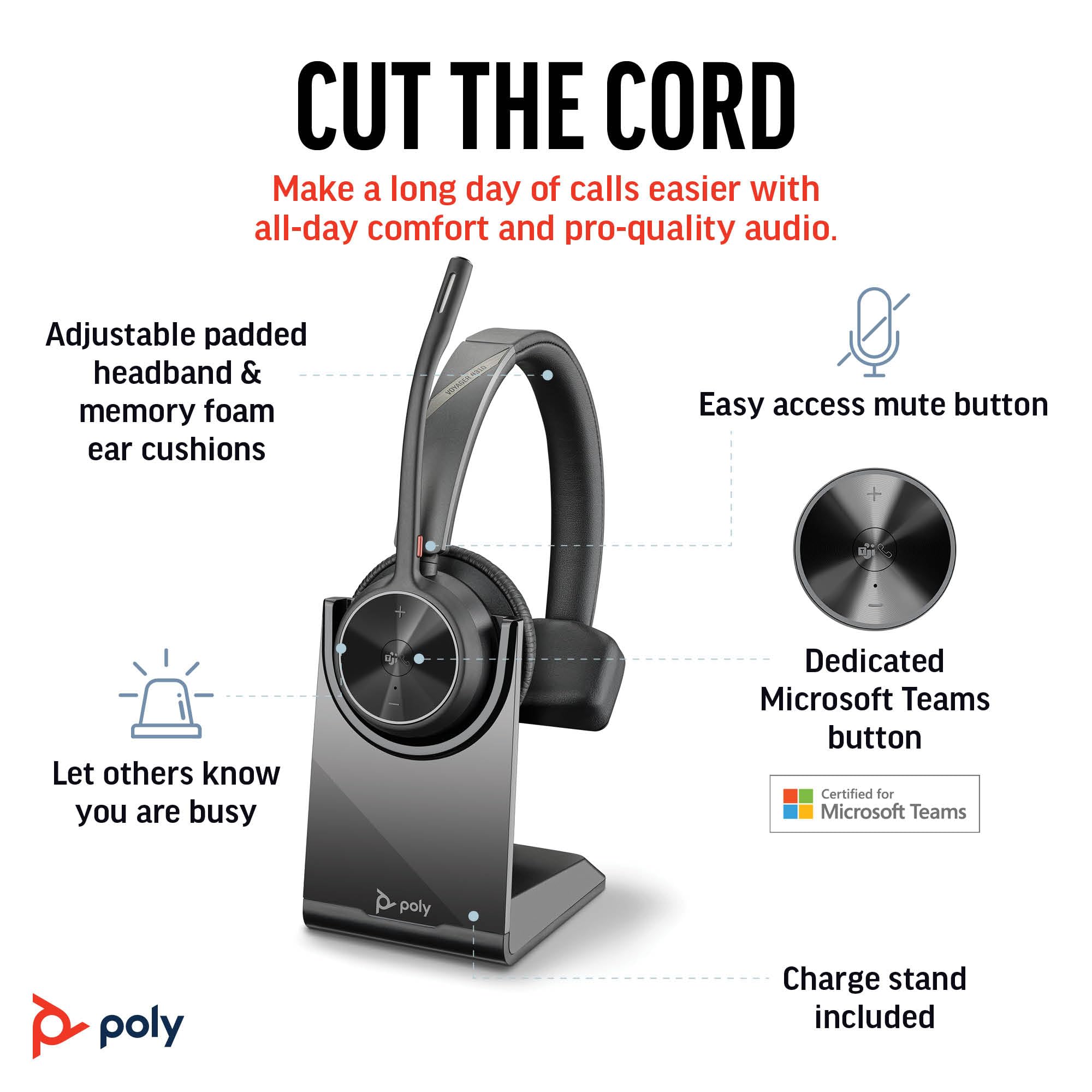 Poly Voyager 4310 UC Wireless Headset & Charge Stand (Plantronics) - Single-Ear Bluetooth Headset w/Noise-Canceling Boom Mic - Connect PC/Mac/Mobile - Works w/Teams (Certified), Zoom -Amazon Exclusive