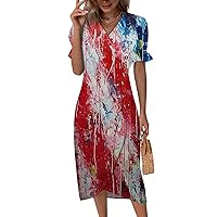 Women's 4Th of July Outfits Dresses Spring Summer Elegant Wrap V Neck Boho Dress Flowy Ruched Maxi Dress, S-3XL