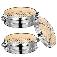 Bamboo Steamer 7.9 Inch 2 Tiers Bamboo Steamer Basket with Lid and Binaural Handle Hollow Dumpling Steamer with Stainless Steel Ring for Cooking Dim Sum, Buns, Dumplings, Kitchen Supplies