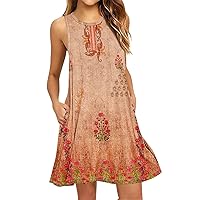 Summer Sundresses for Women Summer Dresses for Women 2024 Floral Print Vintage Fashion Casual Loose Fit with Sleeveless Scoop Neck Dress Saffron Large