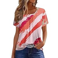 Womens Baggy T Shirts Sequin Tops for Women Striped Pattern Casual Button Splice Trendy Loose with Short Sleeve Round Neck Ruched Shirts Pink Medium
