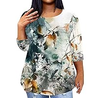 Plus Size Summer Top Oversized Tshirts for Women 2024 Summer 3/4 Sleeve Print Fashion Loose Fit with Round Neck Pockets Blouses Dark Green 3X-Large