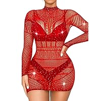 Kaei&Shi Fishnet Bodycon Mini Dress,Sparkly Rhinestone Rave Outfit,Mesh Sheer Club Outfits for Women Sexy Exotic Dancewear