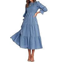 BTFBM Women Casual Long Sleeve Dress Fall Dresses 2024 Solid Color Relaxed Fit Smocked Tiered Flowy Boho Long Dresses(Solid Grey Blue,Medium)